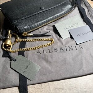 AllSaints Black Leather Wallet with Gold Chain